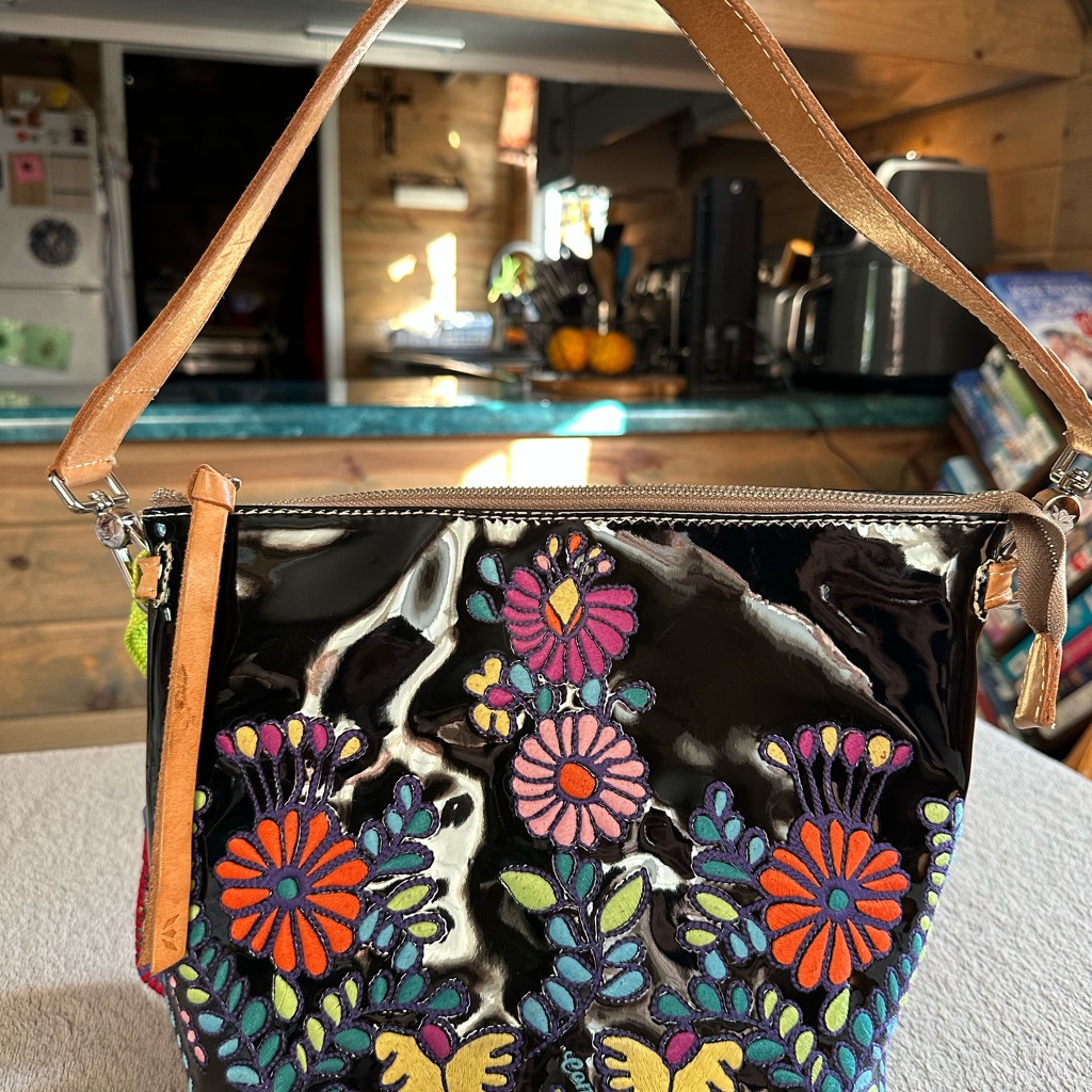 Consuela Wedge Black Shoulder Bag With Colorful Floral Embroidery